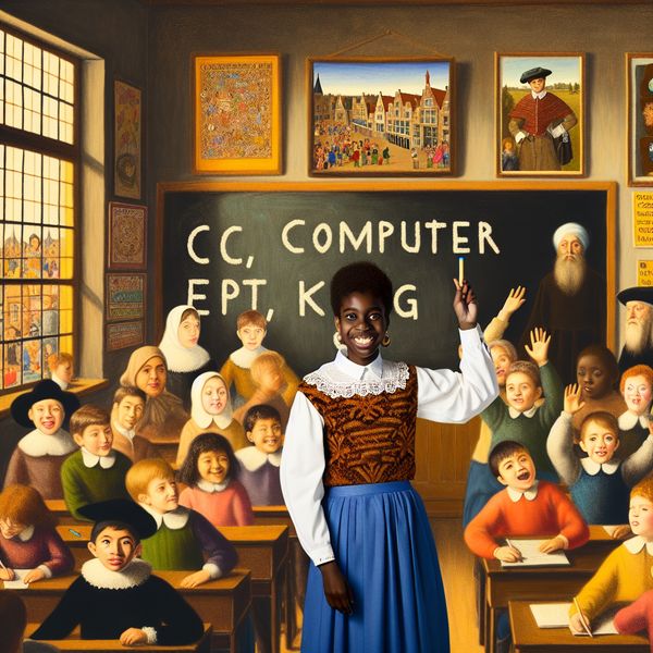 Meisje spelt 'computer' in druk klaslokaal Een jonge meisje in een klaslokaal spelt het woord 'computer' met een krijtbord.