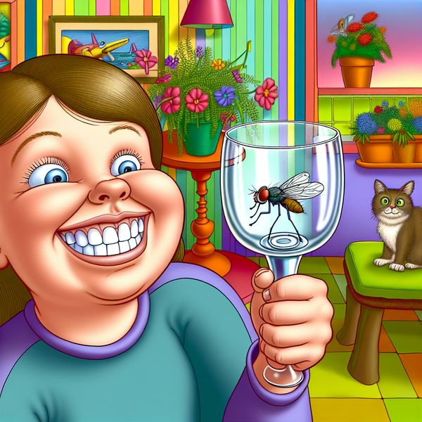 Een vrolijke cartoonachtige afbeelding van een jonge glimlachende meid die een kleine vlieg vangt met een helder glas in haar hand, terwijl een nieuwsgierige kat toekijkt.