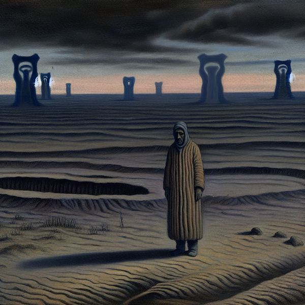 Melancholisch Landschap met Solitaire Figurant Een melancholische figuur in een desolaat landschap met een sombere lucht