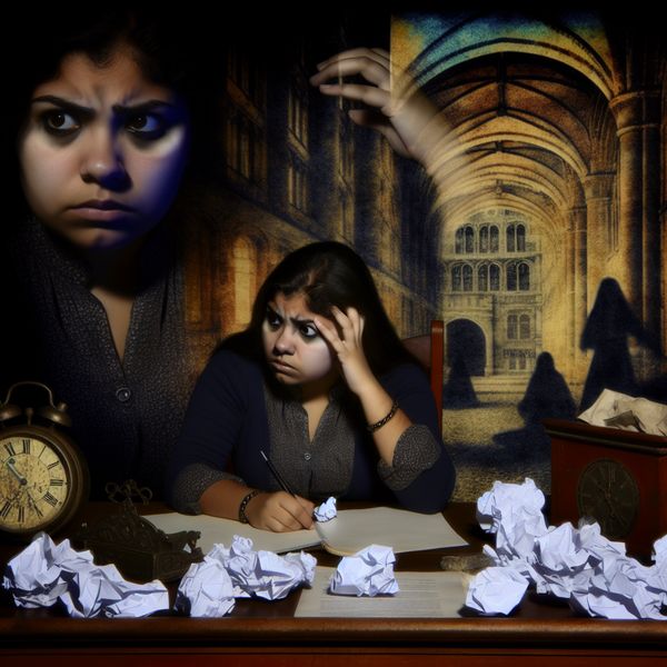 Melancholische vrouw aan bureau met clock en crumpled papers Een jonge vrouw zit verdrietig aan een bureau vol verkreukelde papieren en een kapotte klok, wat haar stress en verantwoordelijkheidsgevoel symboliseert.