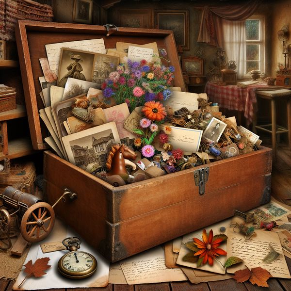 Houten doos vol met een nostalgische mengeling van oude foto's, brieven, bloemen, speelgoed en herfstbladeren in een sprookjesachtige setting