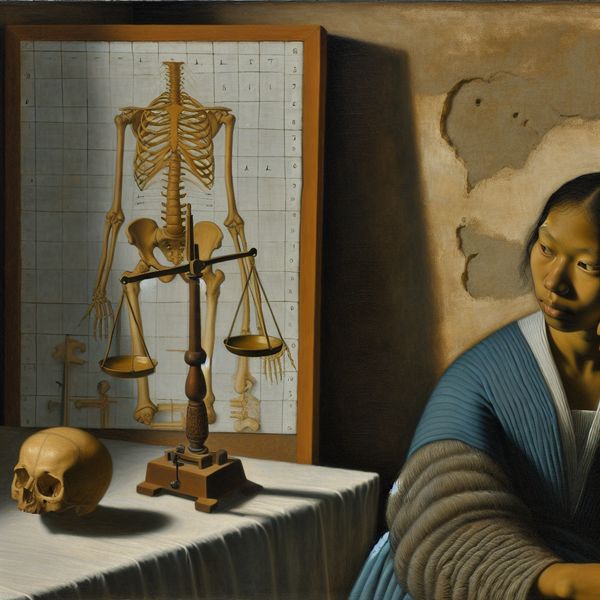 Stille interieurscène in Vermeer-stijl met persoon die nadenkt over menselijke eigenschappen en anatomie, symboliserend menselijke imperfectie en kwetsbaarheid