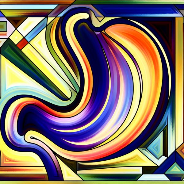 Moderne retro-futuristische illustratie van de menselijke maag Illustratie van een menselijke maag in een moderne retro-futuristische stijl met geometrische vormen en levendige kleuren