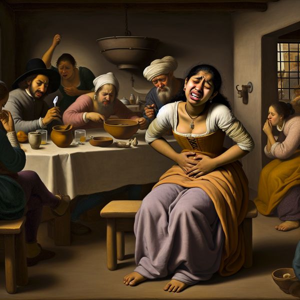 Menstruatiepijn in een levendige huishoudscène Jonge vrouw met een pained expression die haar buik vasthoudt terwijl ze aan tafel zit, omgeven door familiescenes in een drukke keuken.