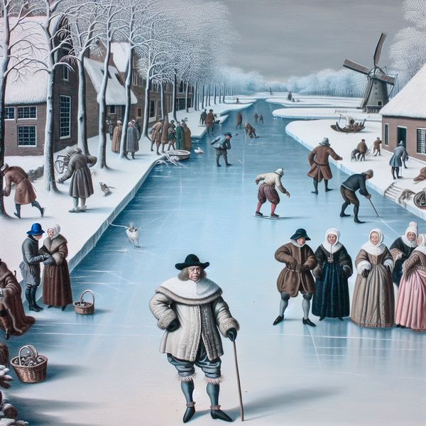Mentale kracht en doorzettingsvermogen in een winterse setting - Taal en cultuur leren 17e-eeuwse wintertafereel met een vastberaden man op het ijs, omringd door schaatsers, symboliserend mentale kracht en doorzettingsvermogen