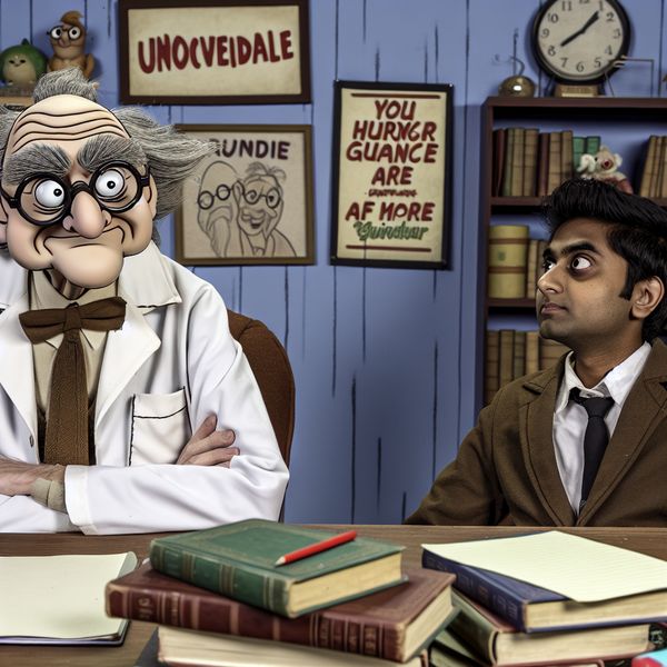 Mentor en Leerling in de Kantooromgeving Een cartoonachtig beeld van een oudere mannelijke mentor die achter een bureau zit, omringd door boeken en papieren, terwijl een jongere student met een notitieboekje naar hem opkijkt.