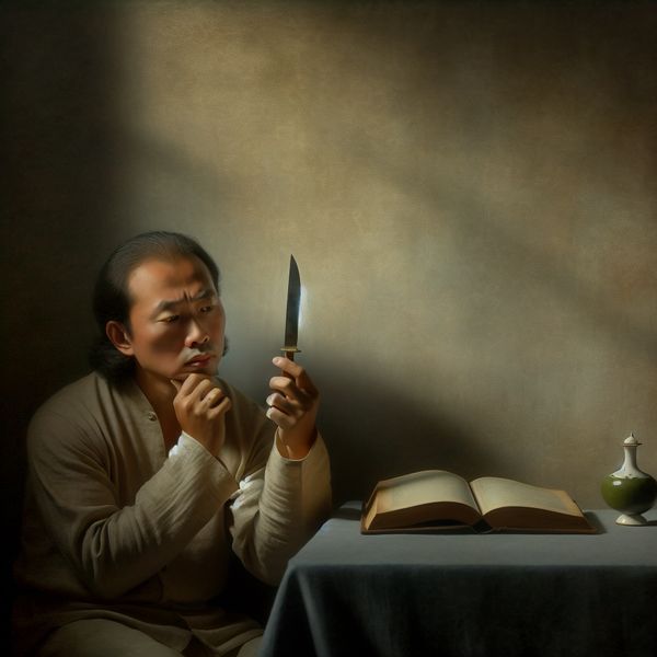 Symboliek van een mes in literatuur Een man zit alleen in een schemerige kamer met een boek en een mes, in diepe contemplatie.