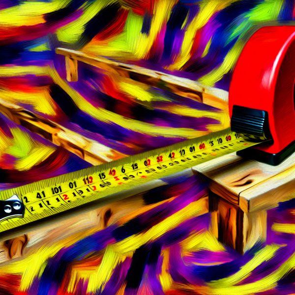 Abstract expressionistisch schilderij van een houten tafel van twee meter lang met een meetlint dat 100 en 200 centimeter aangeeft, ter illustratie van de lengtemaat meter