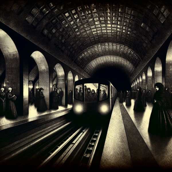 Gothische metrohalte met historische reizigers en moderne trein in een mysterieuze ondergrondse setting, geïnspireerd op Félicien Rops