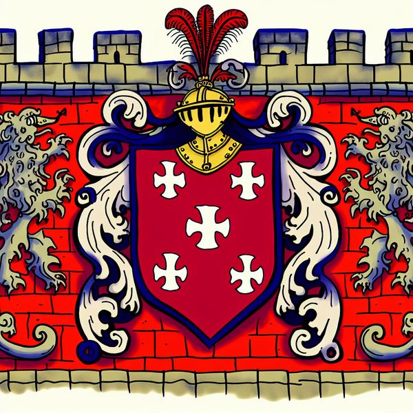 Middeleeuws familiewapen symbool met heraldische kruisen en decoraties Kleurrijk middeleeuws familiewapen met drie witte kruisen op een rood schild, omringd door decoratieve elementen zoals een helm en mythologische dieren in cartoonstijl