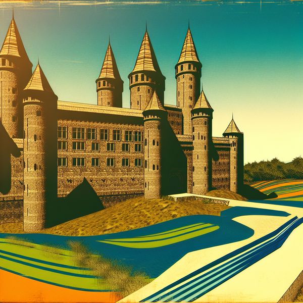 Moderne retro-futuristische illustratie van een middeleeuws kasteel op een heuvel met vier torens, dikke stenen muren en een kronkelend pad ernaartoe, in warme nostalgische belichting