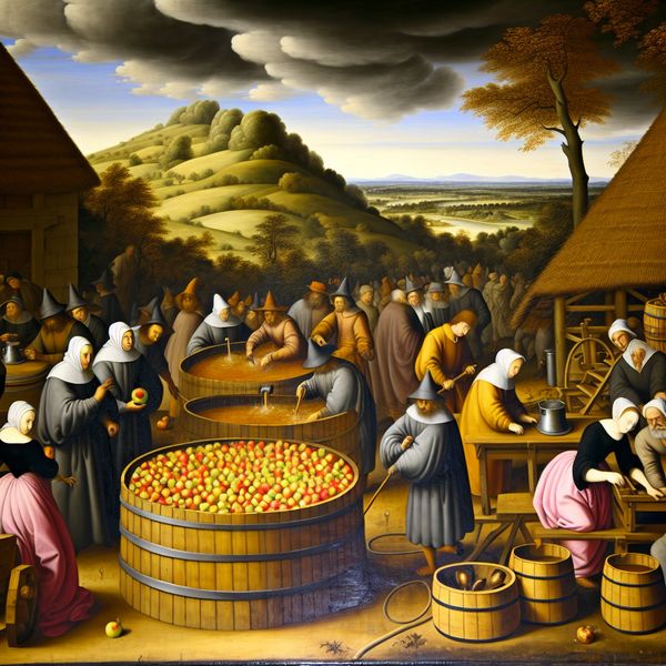 Medieval Cider Brewing Scene in Rustic Brewery Historisch tafereel van een rustieke brouwerij in het landschap met mensen die cider brouwen.