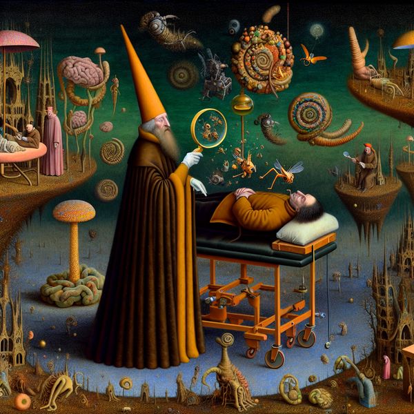 Surrealistisch schilderij in de stijl van Jheronimus Bosch van een middeleeuwse dokter die een patiënt onderzoekt, met bizarre wezens en zwevende organen als symboliek voor een medische controle