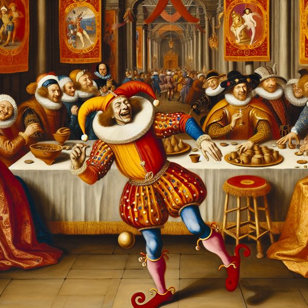 Jester Performing in a Grand Medieval Castle Hall Een nar in kleurrijke outfit, met bellen, vermaakt een publiek van edelen in een middeleeuwse kasteelzaal.