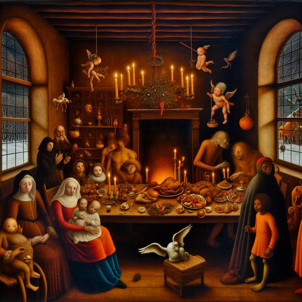 Surrealistisch kersttafereel in de stijl van Jheronimus Bosch met middeleeuwse familie, feestmaal en mystieke elementen