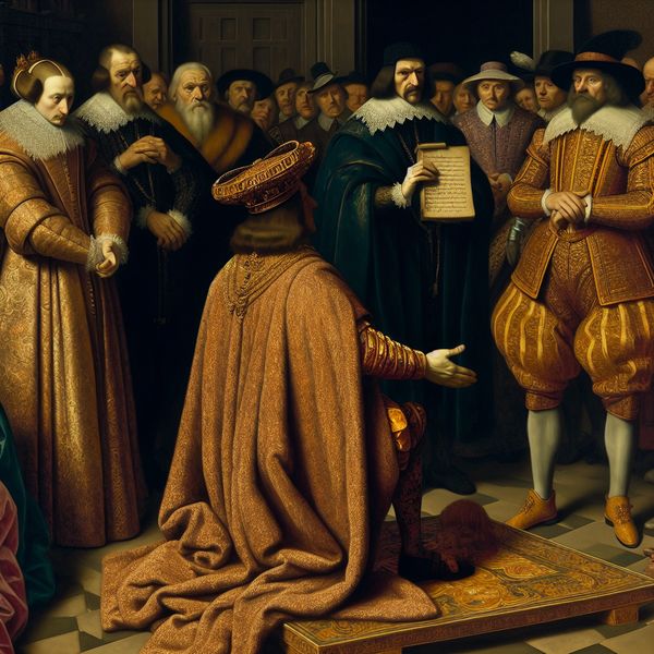 Koninklijke eedaflegging: trouw en belofte nakomen in middeleeuwse ceremonie Middeleeuwse koning knielt plechtig voor zijn volk en raakt een oude oorkonde aan als symbool van trouw en een belofte nakomen