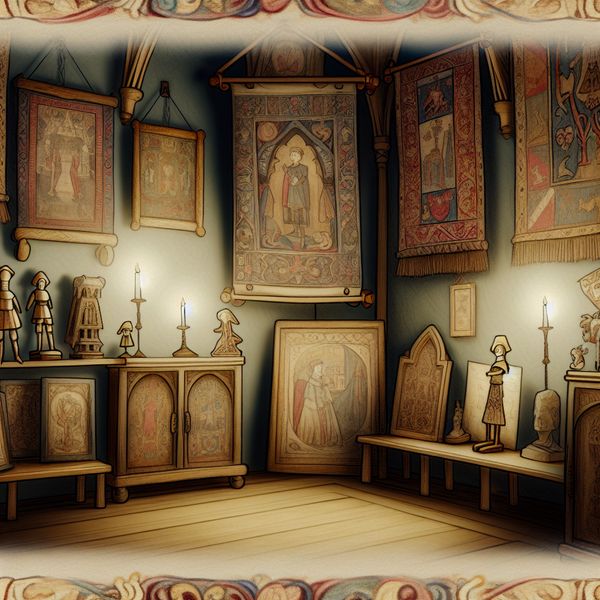 Middeleeuwse Kunstcollectie in Anton Pieck Stijl Illustratie van een middeleeuwse kunstcollectie met tapijten, houten figuren en verlichte manuscripten in een sprookjesachtige kamer