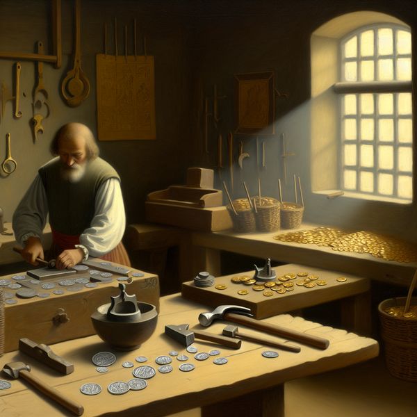 Middeleeuwse Muntmeester in Actie Een middeleeuwse muntmeester slaat aandachtig een munt in een werkplaats vol gereedschappen en munten.