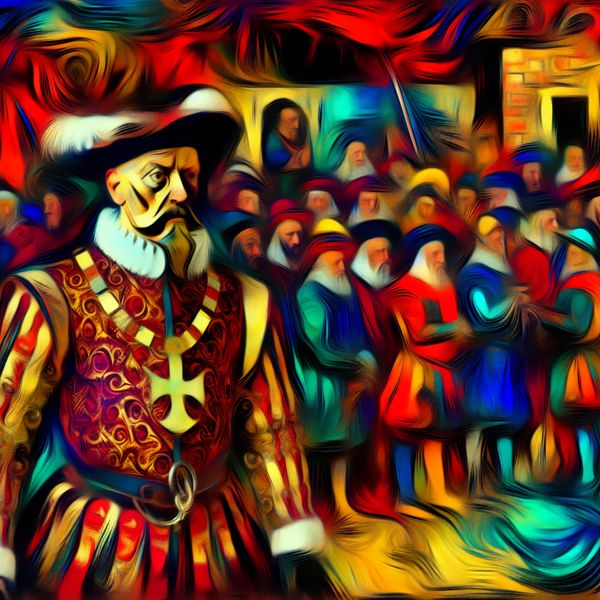 Middeleeuwse sheriff in abstract expressionistische stijl: historische autoriteit en chaos Middeleeuwse Engelse sheriff in een chaotische stadsscène in abstract expressionistische stijl, met rijke kleding en gezaghebbende houding