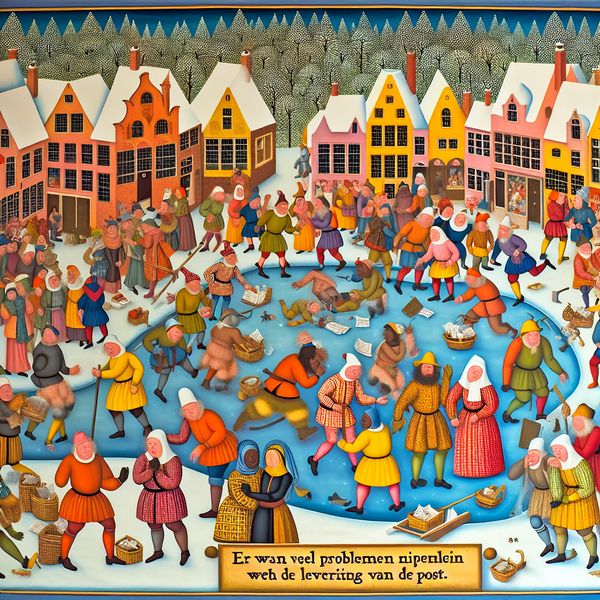 Middel-eeuwse winterse stadsscene met problemen bij postbezorging Een levendig winterlandschap met een middeleeuwse stad waar bezorgers met ongeleverde post discussiëren.