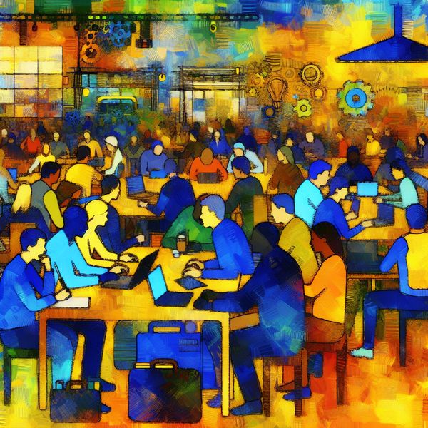 Middelen en Teamcapaciteit in Een Dynamische Werkruimte Drukke werkruimte met een diverse groep professionals die samenwerken, brainstormen en middelen beheren voor een project.