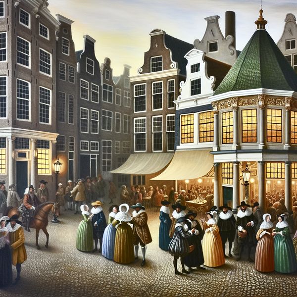 Het midden van Amsterdam: 17e-eeuws café als sociaal hart van de stad Schilderij van het bruisende en elegante centrale plein van Amsterdam in de 17e eeuw, met een levendig café als sociaal en cultureel hart van de stad