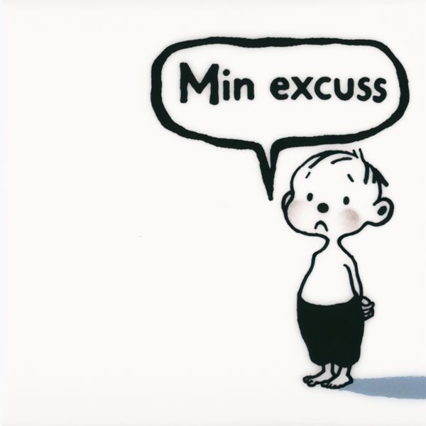Minimalistisch personage met verdrietige uitdrukking die 'Mijn excuus' zegt in een spreekwolk, illustratie in stijl van Dick Bruna
