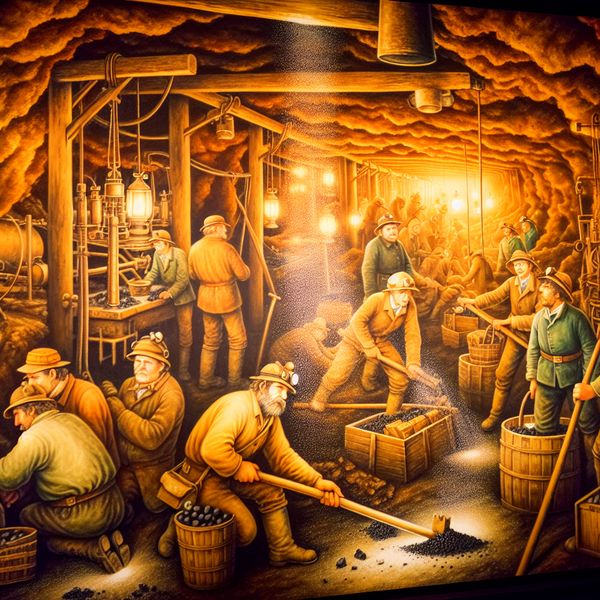Een levendige afbeelding van mijnwerkers in een steenkolenmijn in Limburg, actief bezig met het delven van kolen in traditionele kleding.