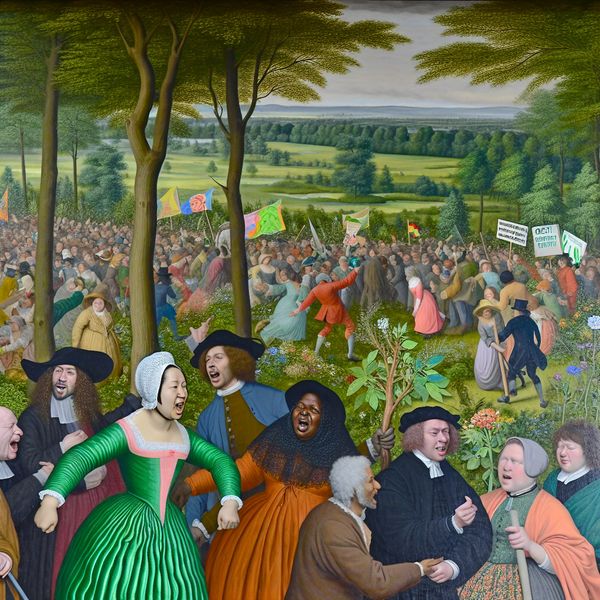 Diverse deelnemers van een milieudemonstratie buiten Een levendige demonstratie voor het milieu met diverse deelnemers die kleurrijke spandoeken en borden vasthouden in een groene omgeving vol bomen en bloemen.