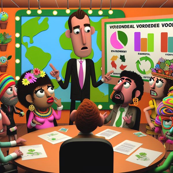 Vergaderzaal met Milieu Belanghebbenden in Cartoonstijl Een cartoonstijl vergaderzaal vol verschillende karakters die belanghebbenden van een milieuproject voorstellen, met een serieuze man in kostuum die naar een kleurrijk milieu poster wijst.