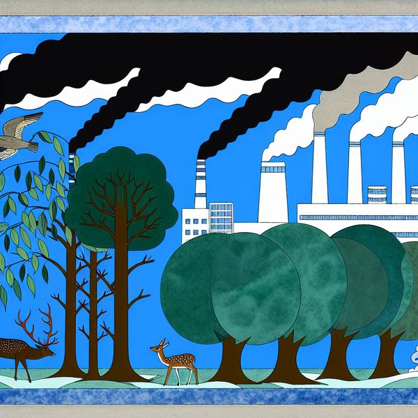 Illustratie van een fabriekslandschap met rook en verwelkte bomen, die de negatieve impact van vervuiling op de natuur toont.