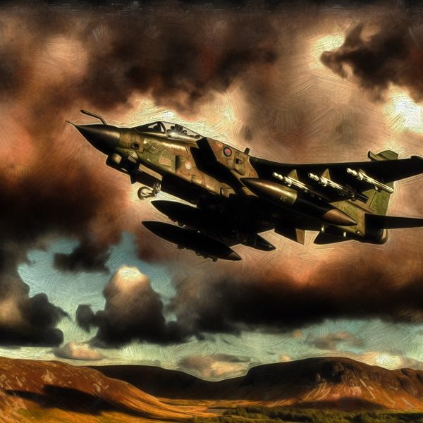 Militair gevechtsvliegtuig in Rembrandt-stijl: dramatische luchtmachtmissie Militair gevechtsvliegtuig in dramatische vlucht boven ruig landschap, geschilderd in Rembrandt-stijl met sterke licht-donker contrasten