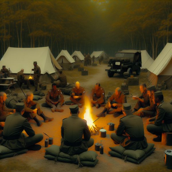Rustige militaire kamp scene met soldaten en kampvuur Een serene militaire kamp scene met soldaten rond een kampvuur, omgeven door tenten in een rustgevende omgeving.