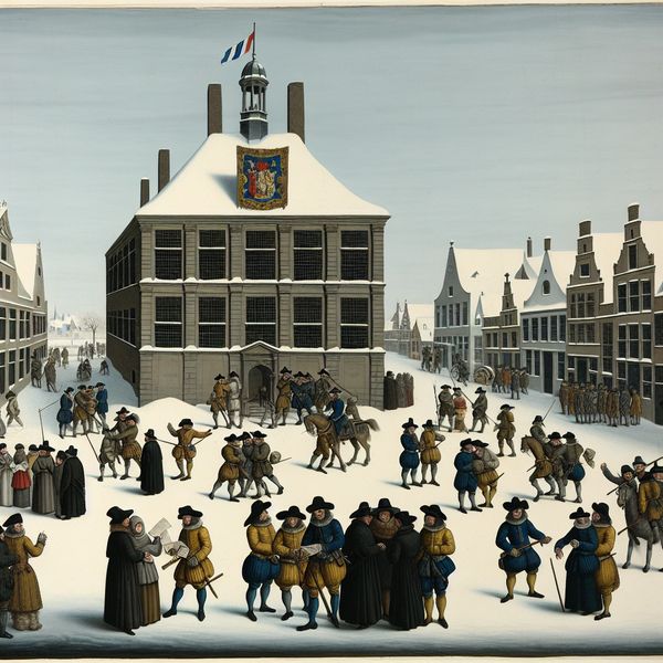 Militaire bezetting in een Nederlandse stad: historische wintertafereel met soldaten en burgers Historische winterse stadsgezicht van een bezette Nederlandse stad met soldaten en burgers in spanning, in de stijl van Hendrick Avercamp