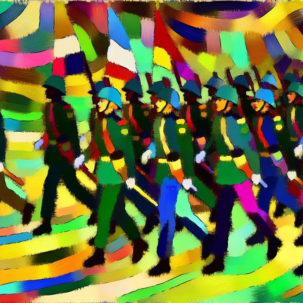 Militaire eenheid in parade - abstracte kunst voor taalonderwijs Abstracte voorstelling van een militaire eenheid in paradeformatie, geschilderd in expressieve stijl met felle kleuren en dynamische penseelstreken