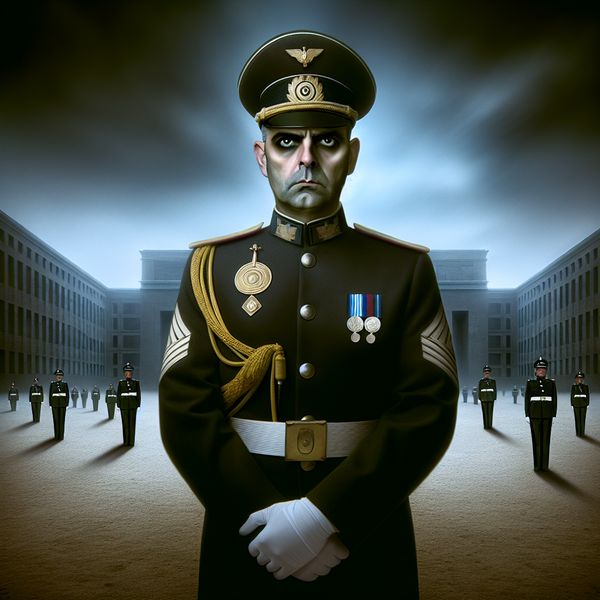 Hyperrealistisch schilderij van een militaire onderofficier in uniform die een groep soldaten commandeert op een lege paradeplaats met monumentale architectuur op de achtergrond