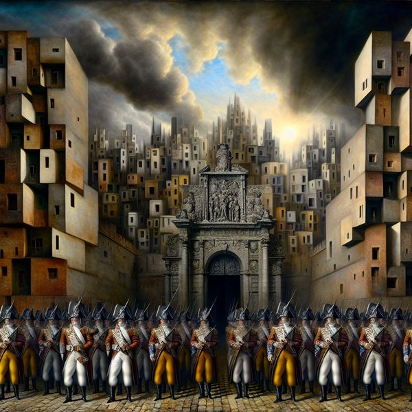 Militaire verdediging en bescherming in surrealistische stadsscène Hyperrealistisch surrealistisch tafereel van soldaten die een stadspoort verdedigen tegen een dreigende aanval, symboliserend bescherming en verdediging