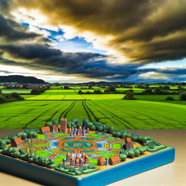 Charmant klein model van een bordspel in een prachtig landschap Landschap met een kleurrijk, klein model van een bordspel voor kinderen, omgeven door groene velden en een dramatische lucht met dynamische wolken.