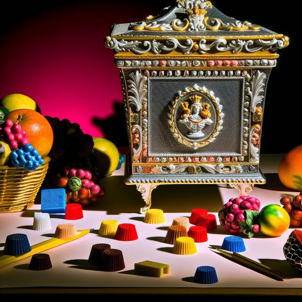Miniatuur Prullenbak en Kantoorbenodigdheden in Barokstijl Miniatuur prullenbak met kleurrijke kantoorbenodigdheden en bloemen op een tafel