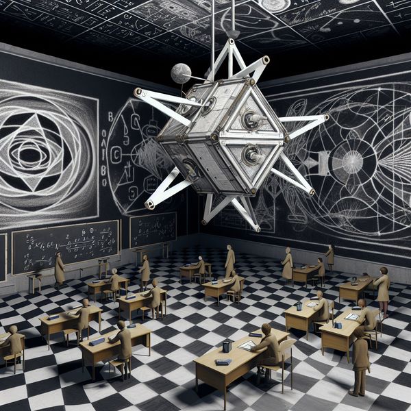 Miniatuur satelliet in schoollaboratorium voor onderwijsdoeleinden Kleine, miniatuur satelliet zwevend in een schoollaboratorium met leerlingen die het van dichtbij bekijken.