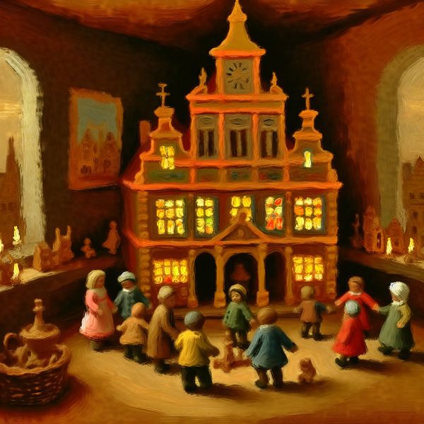 Miniatuur Stadhuis in Kinderspeelhuis voor Taallessen Een kleurrijk miniatuur stadhuis in een kinderspeelhuis, met kinderen die een verhaal uitbeelden.