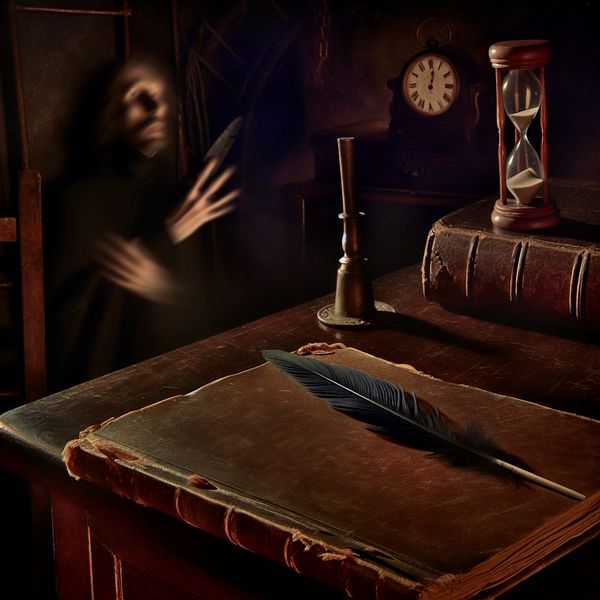 Symbolische illustratie van een minimale voorwaarde met een spookachtige hand die wijst naar een schrift op een oude houten bureau, in een duistere studeerkamer met een dreigende figuur en een bijna lege zandloper
