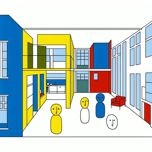 Minimalistische illustratie van een gezellig appartement in Amsterdam met een familie in een lichte woonkamer met uitzicht op grachtenpanden