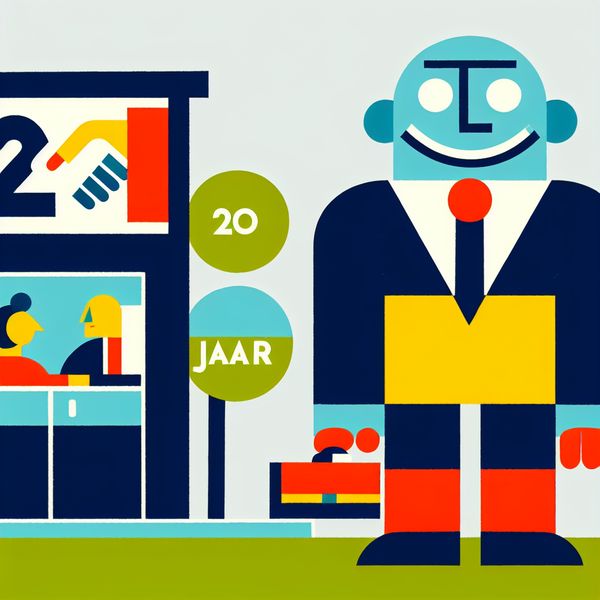 Minimalistische illustratie van een blije werknemer voor een kantoorgebouw met '20 jaar' op het bord, symboliserend langdurige dienstverband
