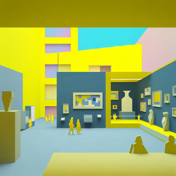 Moderne museuminterieur met permanente tentoonstelling oude geschiedenis Minimalistische kunstscène in een modern museuminterieur met bezoekers die de tentoonstelling over oude geschiedenis bewonderen.