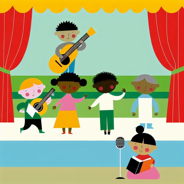 Kinderillustratie muziek- of theatergroep optreden op podium - Dick Bruna stijl Minimalistische illustratie van een vrolijk muziek- of theatergezelschap op een eenvoudig podium, met figuren die gitaar spelen, zingen en instrumenten vasthouden