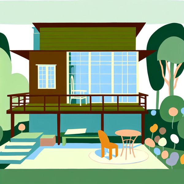 Gezellig tuinterras met stoelen en tafel - minimalistische illustratie voor taalonderwijs Minimalistisch terrasje aan de achterkant van een huis met twee stoelen en een tafeltje, omgeven door een weelderige tuin in de stijl van Dick Bruna