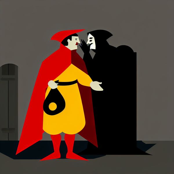 Illustratie verraad en bedrog: symbolische voorstelling van Judas-thema in Dick Bruna-stijl Minimalistische illustratie van verraad: een figuur in een felgekleurde mantel fluistert geheimen in het oor van een schaduwrijke vijand, met een zak munten in de hand