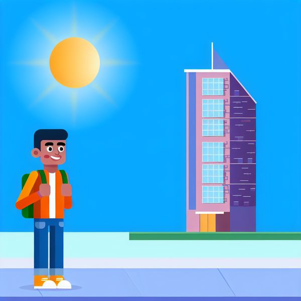 Een cartoonachtige figuur staat op een trottoir en kijkt naar links naar een hoge, kleurrijke gebouw onder een heldere blauwe lucht en een grote zon.