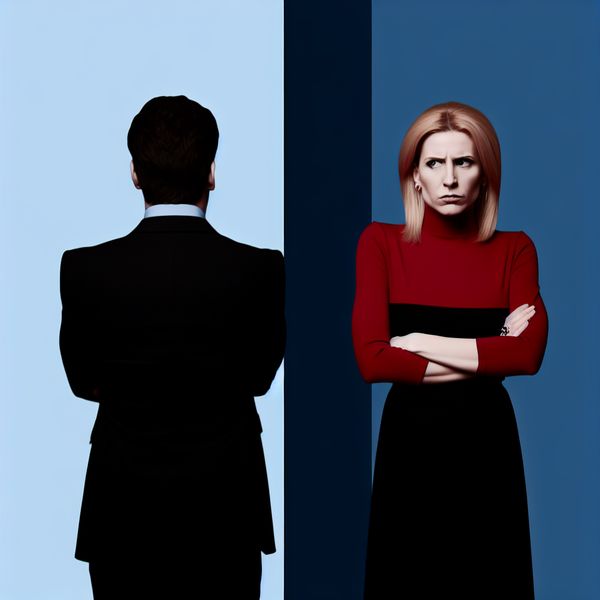 Afkeer uitdrukken in minimalistische illustratie - taal leren Nederlands Minimalistische illustratie van een vrouw met gekruiste armen die afkeer toont tegenover een man, in stijl van Dick Bruna